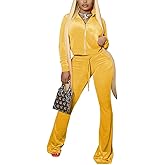 KOOBETON Women 2 Piece Velour Tracksuit Crop Jacket Flare Pants Set Club Outfits