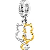 Two Sitting Cats Heart Multi-Clasp Clip On Pendant 14K Gold Plated & 925 Sterling Silver Charm For Pandora & Other Charm Bracelets/Necklaces