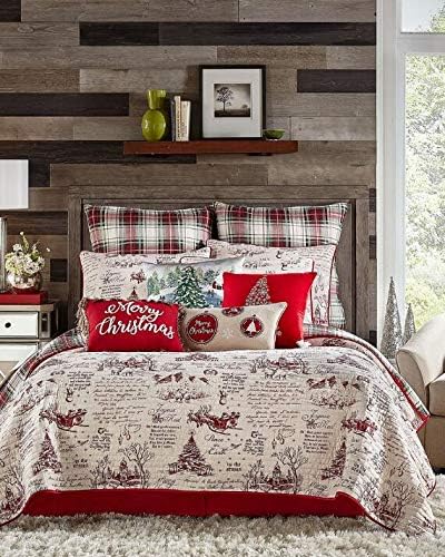 Red Beige Classic Vintage Christmas Script Plaid King Size Quilt Only Holiday Bedding