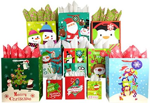 Set of Christmas Gift Bags and Tissue Paper (11 Bags + Tissue Paper, Holiday Season)