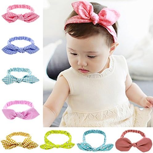 8 Pcs Assorted Color Girl Infant Headbands with Bows or Flower Toddler Solid Bunny Ears
