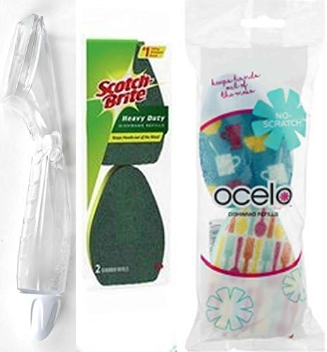 Ocelo Scotch-Brite Refillable Dish Wand with Heavy Duty and Non-Scratch Sponges For Kitchen Sink 3M Value Dish wand PLUS 4 Refill Heads Cleaning Brush