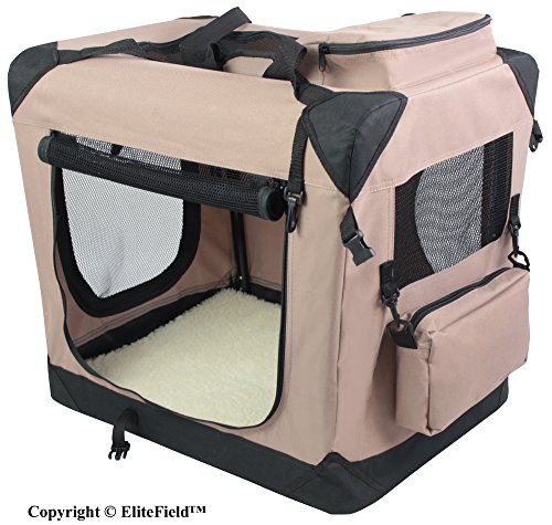 EliteField 3-Door Folding Soft Dog Crate, Indoor & Outdoor Pet Home, Multiple Sizes and Colors Available (24L x 18W x 21H, Khaki)