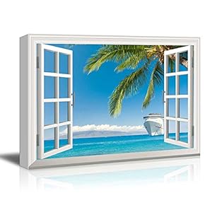 Canvas Wall Art - Window Peering into an Ocean with a Beach and a Cruise Ship - Giclee Print Gallery Wrap Modern Home Art Ready to Hang - 12x18 inches