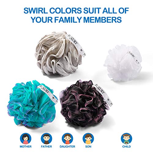 Fuxury 4 pcs Bath Sponges Shower Loofah Swirls Color Set, 3 pcs 75g Mesh Pouf + 1 pcs 20g for Baby or Face Washing