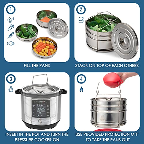 DEGIKO Pressure Cooker Stackable Steamer Insert Pans 3 Tiers to Cook 3 Dishes at the Same Time
