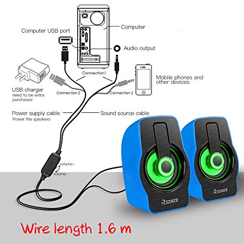Night Light Computer Speakers,Reccazr 2070 USB-Powered PC Multimedia External Speakers with 7 colors Breathing Lighting |Blue
