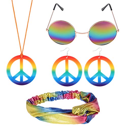 BKpearl Hippie Costume Set, Hippie Sunglasses Peace Sign Necklace and Earring with Bow Knot Headband