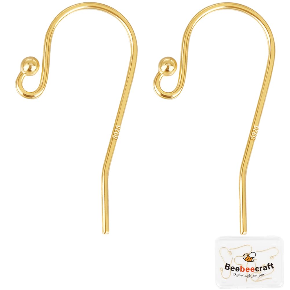 Beebeecraft 1 Box 10Pcs Earring Hooks 18K Gold Plated 925 Sterling Silver Fish Ear Wire Ball Hooks for Jewelry Earring Making for Jewellery Making