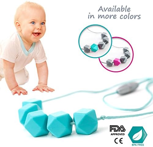 Teething Necklace, Chewable Jewelry, Baby Toys, AUTISM ADHD Fidget Toy, Silicone Beads, Safe, BPA free + Gift Box (Blue/Turquoise)