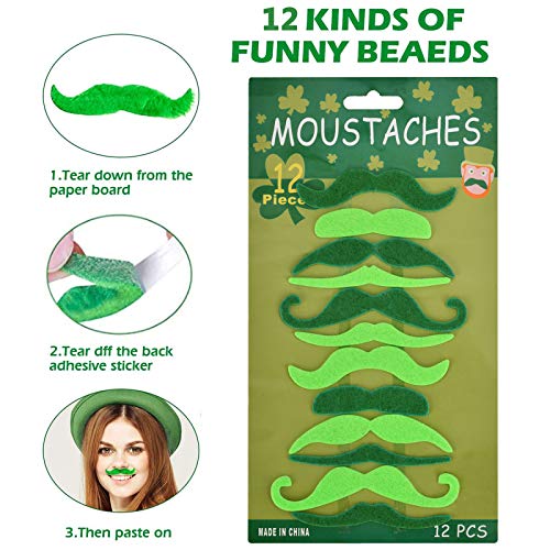 [104 Pcs] St. Patricks Day Party Favors, Includes 72 Saint Patrick Temporary Tattoos, 12 Beards,10 Shamrock Bracelets, 5 Sunglasses and 5 Shamrock Necklaces, Great Party Supplies for Home School and Office Party