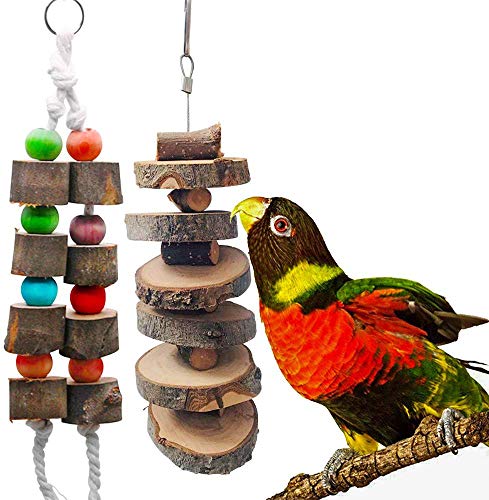 Bird Natural Wood Chew Toy for Grinding Beak,Pet Cage Hanging Apple Wooden Blocks Toys for African Grey Amazon Parrot Cockatiel Parakeet 2-Pcs