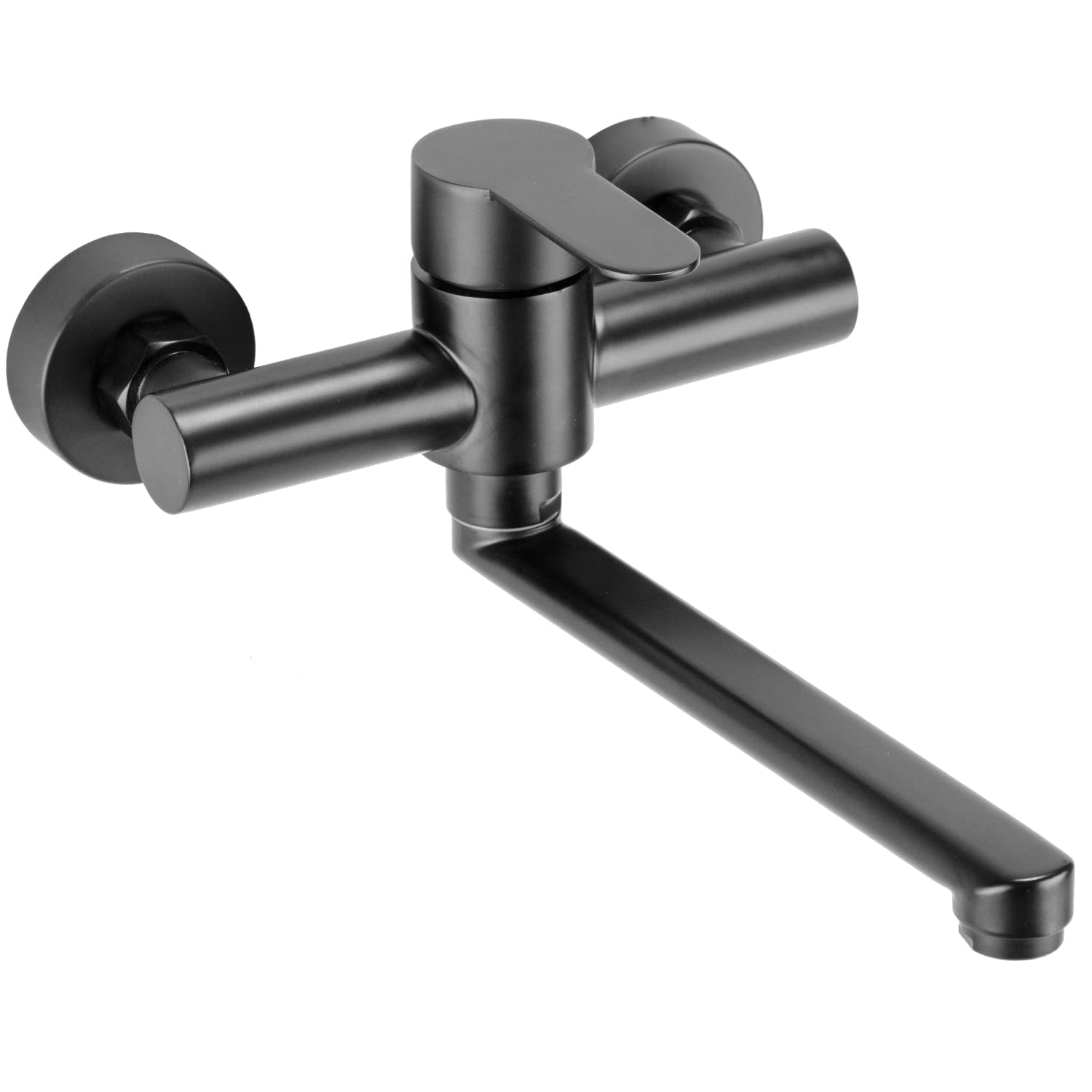 Wall Mounted Tap, 360° Rotating Stainless Steel Tap, Kitchen Wall Fitting, Cold and Hot Single Lever Mixer Tap Wall Mounting, Swivel Arm 23 cm, Black