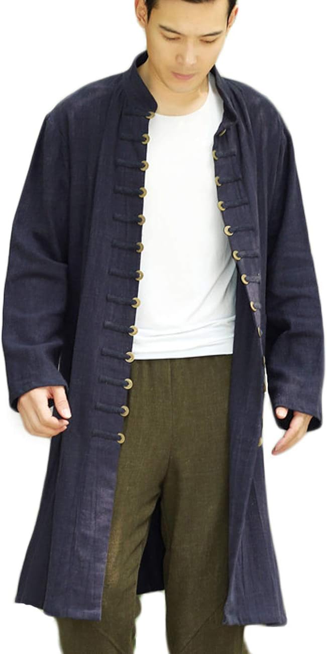 Men's Long Cardigan Jacket Linen Chinese Style Trench Coat with Chinese Ancient Copper Coins Decorate