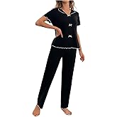 winkbay Women's 2 Piece Lounge Set Bow Short Sleeve Shirt and Pants Pajamas Sets Sleepwear