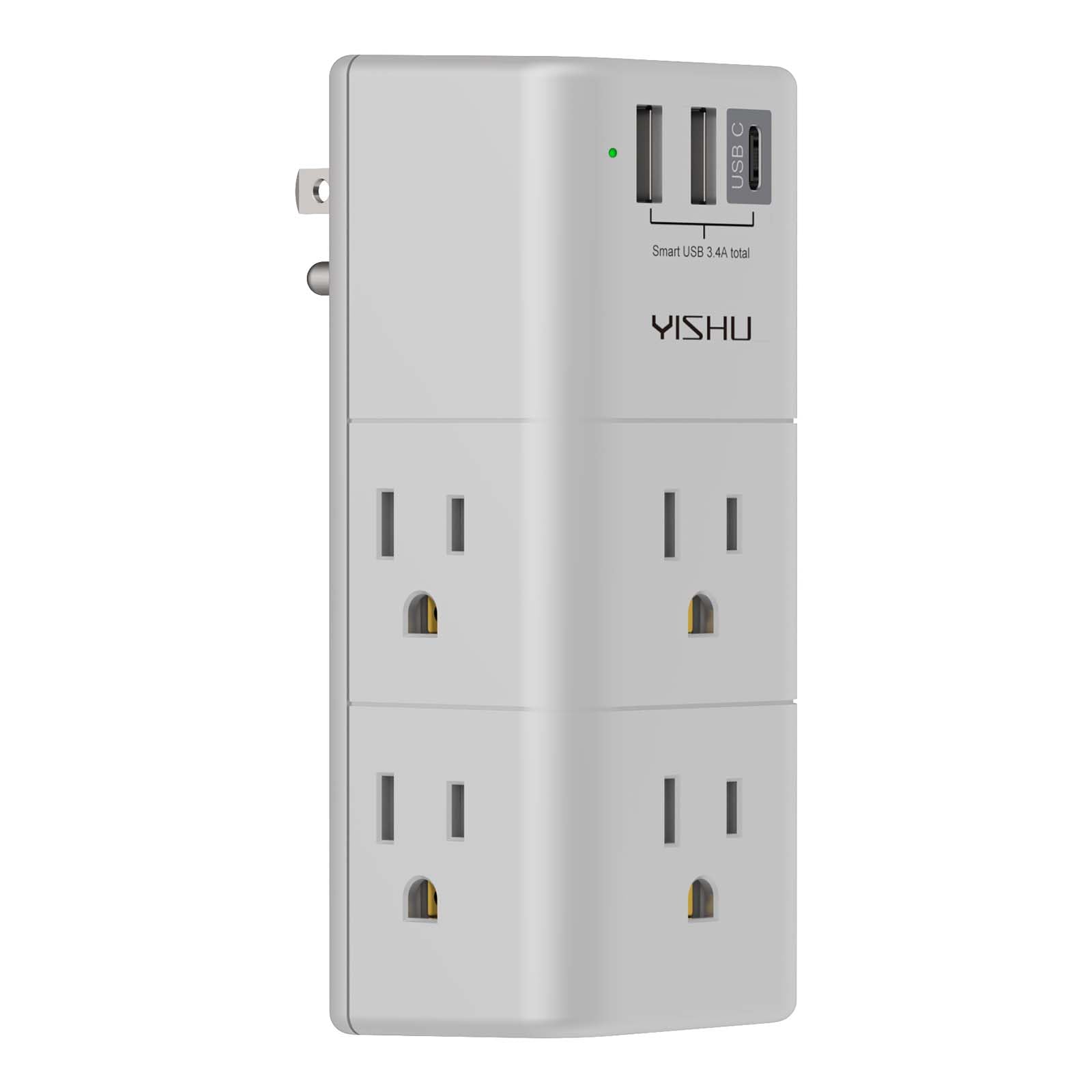 Multi Plug Outlet Surge Protector - YISHU Outlet Extender with Rotating Plug, 6 AC Outlets and 3 USB Ports, 3-Sided Swivel Power Strip Ideal Stocking Stuffers, Grey