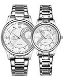 Couple Watches Quartz Waterproof Wristwatches for Lovers Pair in Package Silver Dial Stainless Steel Band