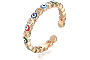 COLORFUL BLING Evil Eye Ring 14K Gold Plated Open Ring Minimalism Suitable Protection Jewelry Adjustable Size for Women Girls