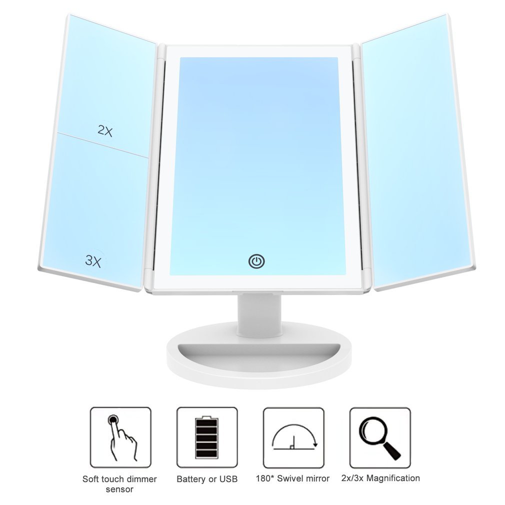 Miroir Maquillage LED lumineux, Miroir Triple Pliable avec Écran Tactile Grossissement 1X/2X/3X/10X Miroir Cosmétique 180° Ajustable avec Bouton, Câble USB pour Maquillage Beauté