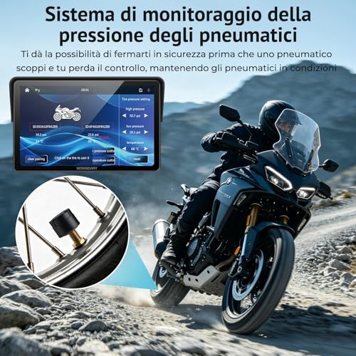 Wonsidary W722TPMS Schermo CarPlay Moto 7" Wireless con Android Auto Moto,TPMS,Display GPS Moto Impermeabile IP67,Audio Bluetooth Doppio,Controllo Vocale,EQ,Sensore di Luce,Alimentazione USB/ACC