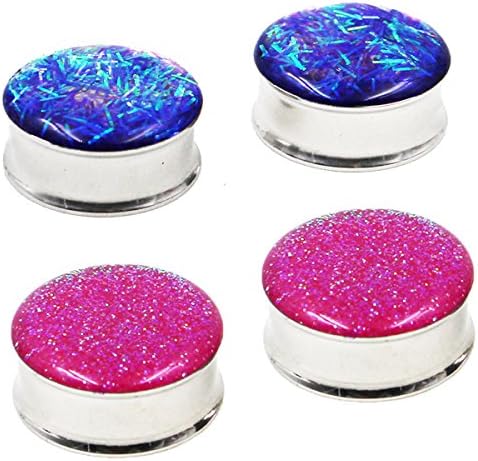 Yunsion Plugs Stainless Steel Pink/Blue Glitter Double Flare Ear Plug Gauges Tunnel Body Piercing Jewelry 2 Pair Size "22"mm