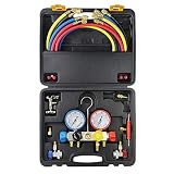 4 Way A/C Manifold Gauge Set Fits R134A R410A and R22 Refrigerants with 5 Feet Hose, 3 Acme Tank Adapters, Adjustable Couplers and Can Tap