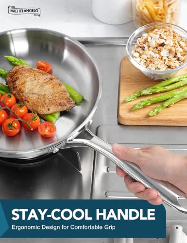 MICHELANGELO 18/10 Stainless Steel Frying Pan Set, 20/24/28cm Steel Frying Pans, Triply Base Stainless Steel Pans Set with Ergonomic Handle, Induction Compatible