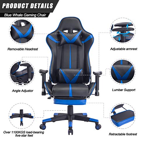Blue Whale Massage Gaming Chair with Retractable Footrest,Adjustable Massage Lumbar Cushion and Headrest- High Back Ergonomic Leather Racing Executive Desk Computer Office Chair BW192 Blue