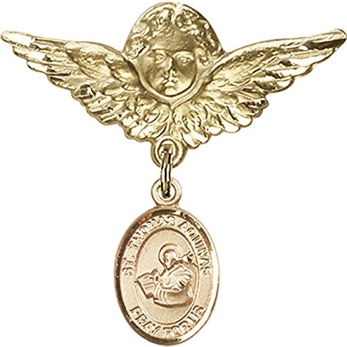 Gold Filled Baby Badge with St. Thomas Aquinas Charm and Angel w/Wings Badge Pin 1 1/8 X 1 1/8 inches
