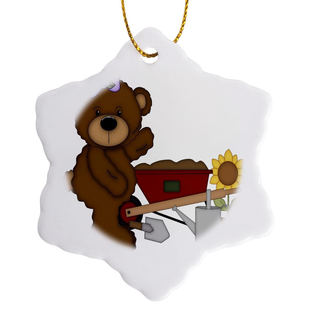 3dRose Cute Brown Girl Teddy Bear Gardening Illustration Snowflake Ornament, Porcelain, Multi-Colour, 3-Inch