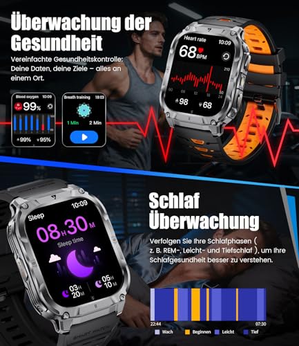 LIGE Military Smartwatch Men's with 1000 mAh Battery/Phone Function, 2.0 Inch HD Touchscreen Fitness Watch with Heart Rate/Sleep Monitor/200+ Sports Modes, IP68 Waterproof Sports Watch for Android iOS, 3 Wristbands