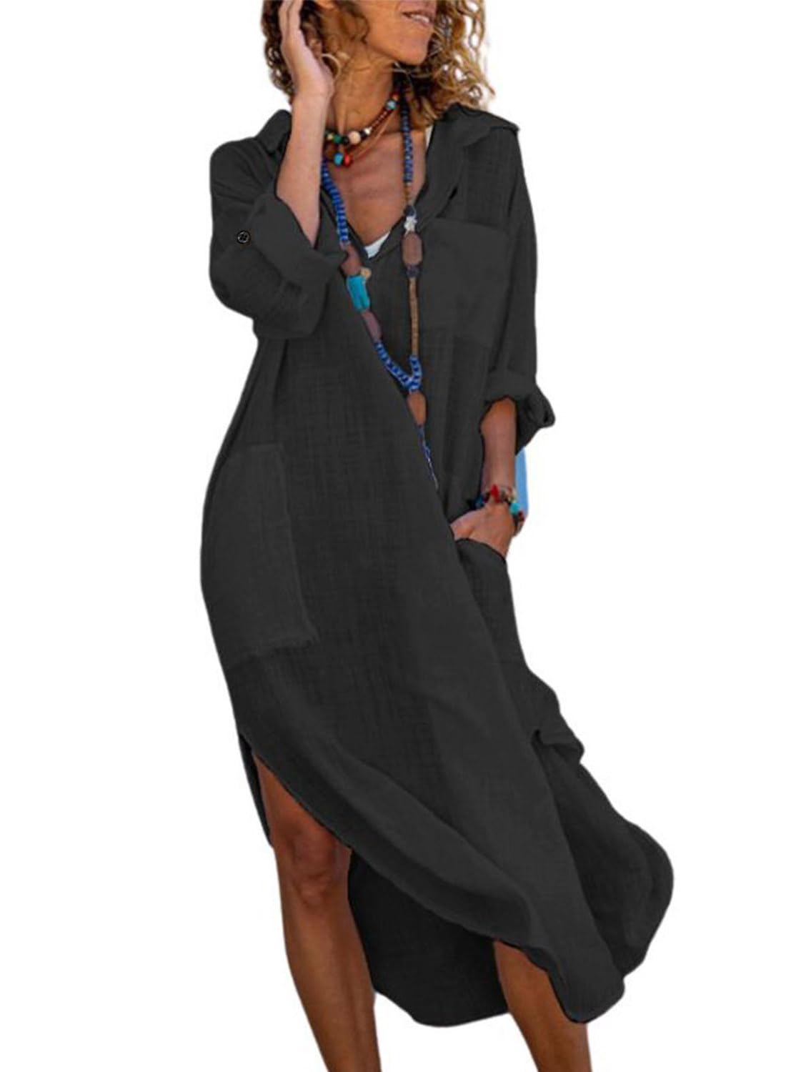 Photo 1 of utcoco Womens Casual Loose Cotton Linen Long Shirt Dress Lapel Button Cuffed Sleeve Side Split Dresses with Pockets (Large, Black)