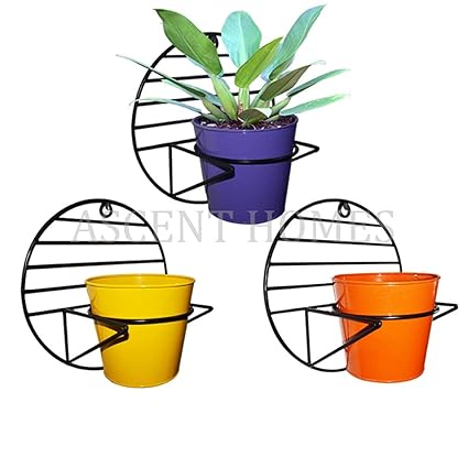 Decorscent Wall Mount Metal Planter Stand with Round Galvanized Pot (Set of 3 Pcs)