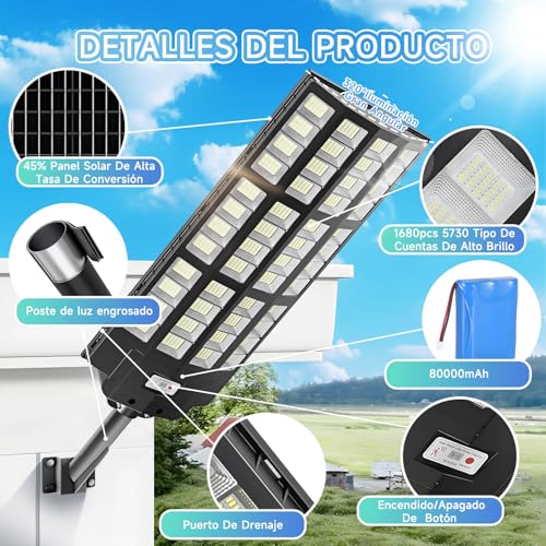 7500W Lampara Solar Exterior Potente,1680 cuentas de lámpara，Farola Solar Grande, Potente Luces con Control Remoto y Sensor de Movimiento,3 Modos Luz de Calle pared para Jardín,Patio.