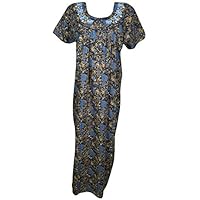 Mogul Interior Womens Caftan Maxi Dress Neck Embroidered Cotton Summer Kaftan Nightgown Nightdress L