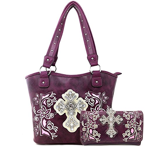 Justin West Floral Concho Western Concealed Carry Handbag (Purple Tote and wallet)