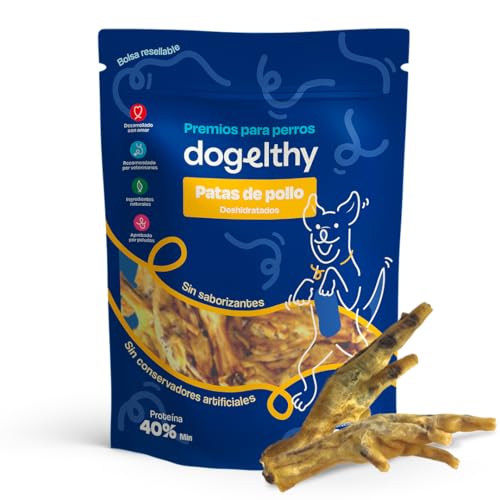 Dogelthy Patas de Pollo Deshidratadas 100% Naturales. Premio para Perros sin Conservadores ni Saborizantes Artificiales. Snacks para Perro. Treats para Cachorros, Adultos y Senior Bolsa con 10 Piezas.