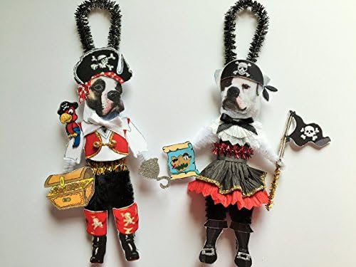 American Bulldog HALLOWEEN PIRATE &amp; Wench ORNAMENTS Vintage Style Dog Chenille Ornaments Set of 2