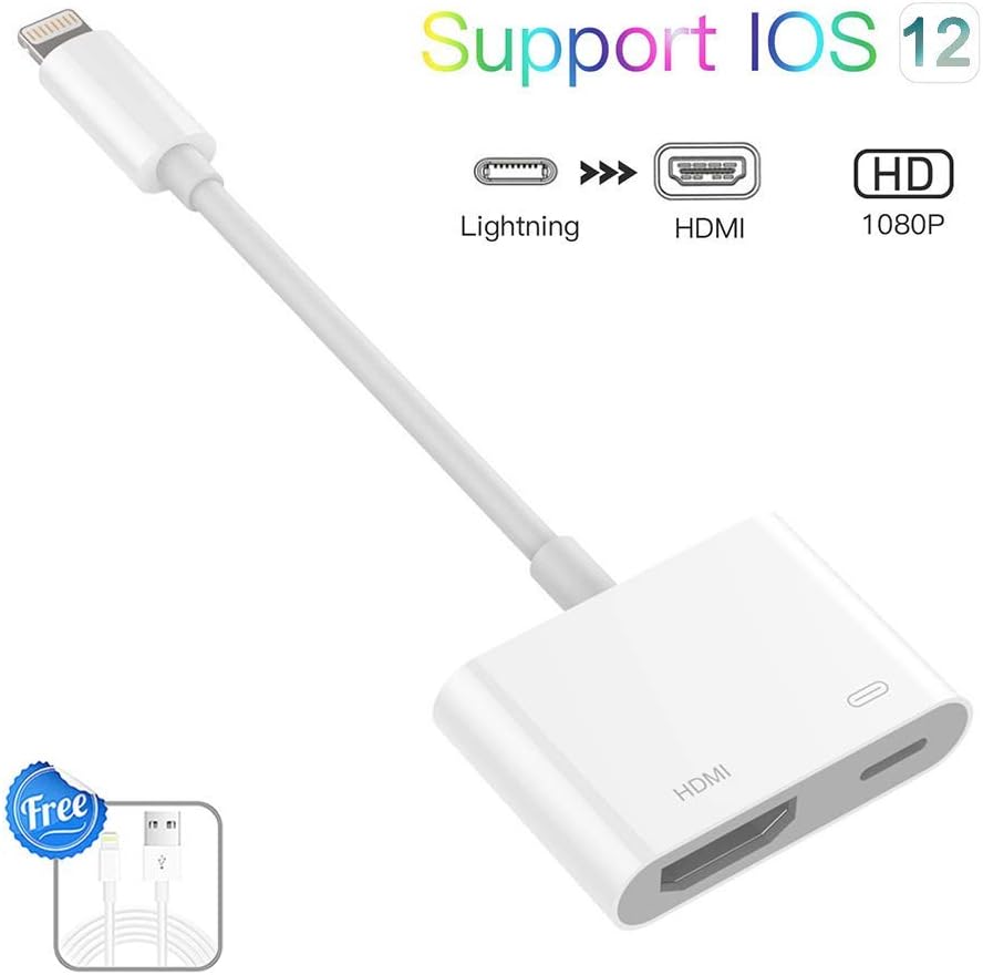 Lighting to HDMI Adapter, Lighting Digital AV Adapter 1080P with Lighting Charging Port for Select iPhone, iPad and iPod Models and HDTV Monitor Projector, No APP Needed，Plug and Play