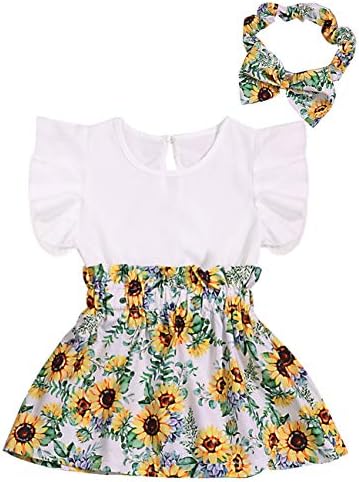 Toddler Infant Baby Girl Clothes Ruffle Sleeveless Summer Princess Boho Floral Sunflower Skirt with Headband Dress Set