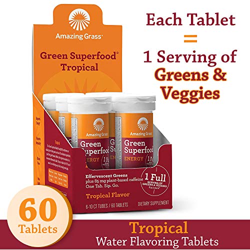 Amazing Grass Effervescent Tablets, Green Superfood Energy Water Flavoring Tablet, Antioxidant Supplement with Green Tea Caffeine and Alkalizing Greens, Tropical Flavor, 60 Count