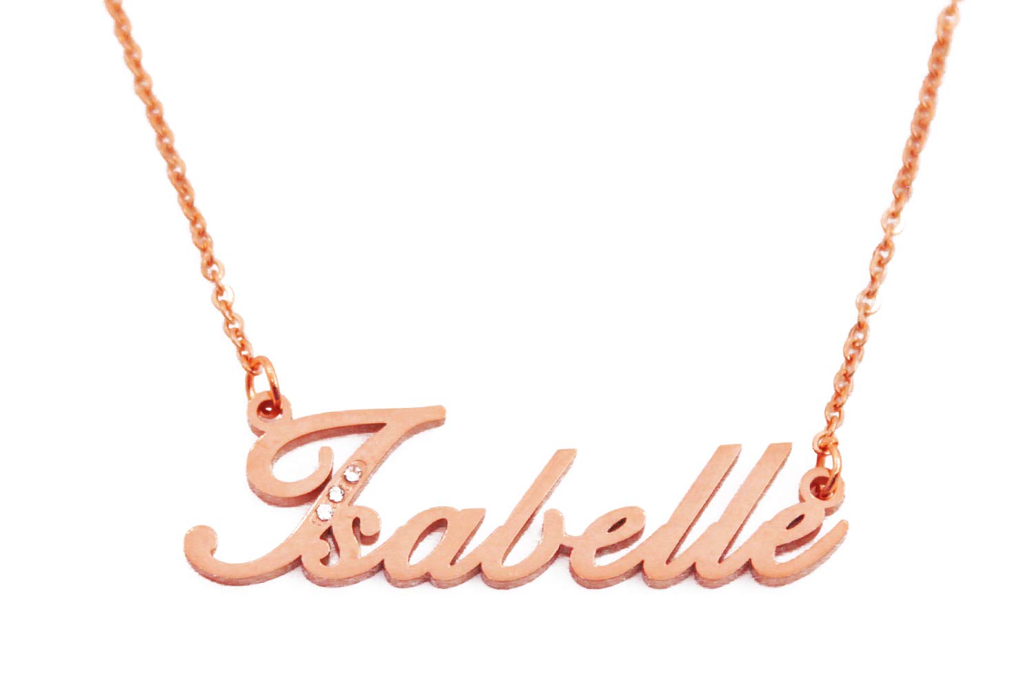 Kigu Isabelle Name Necklace Personalised Rose Gold Plated Inc Crystals, Custom Dainty Name Pendants, Jewellery for Ladies, Girlfriend, Mother, Sister, Friends Inc Bag & Box
