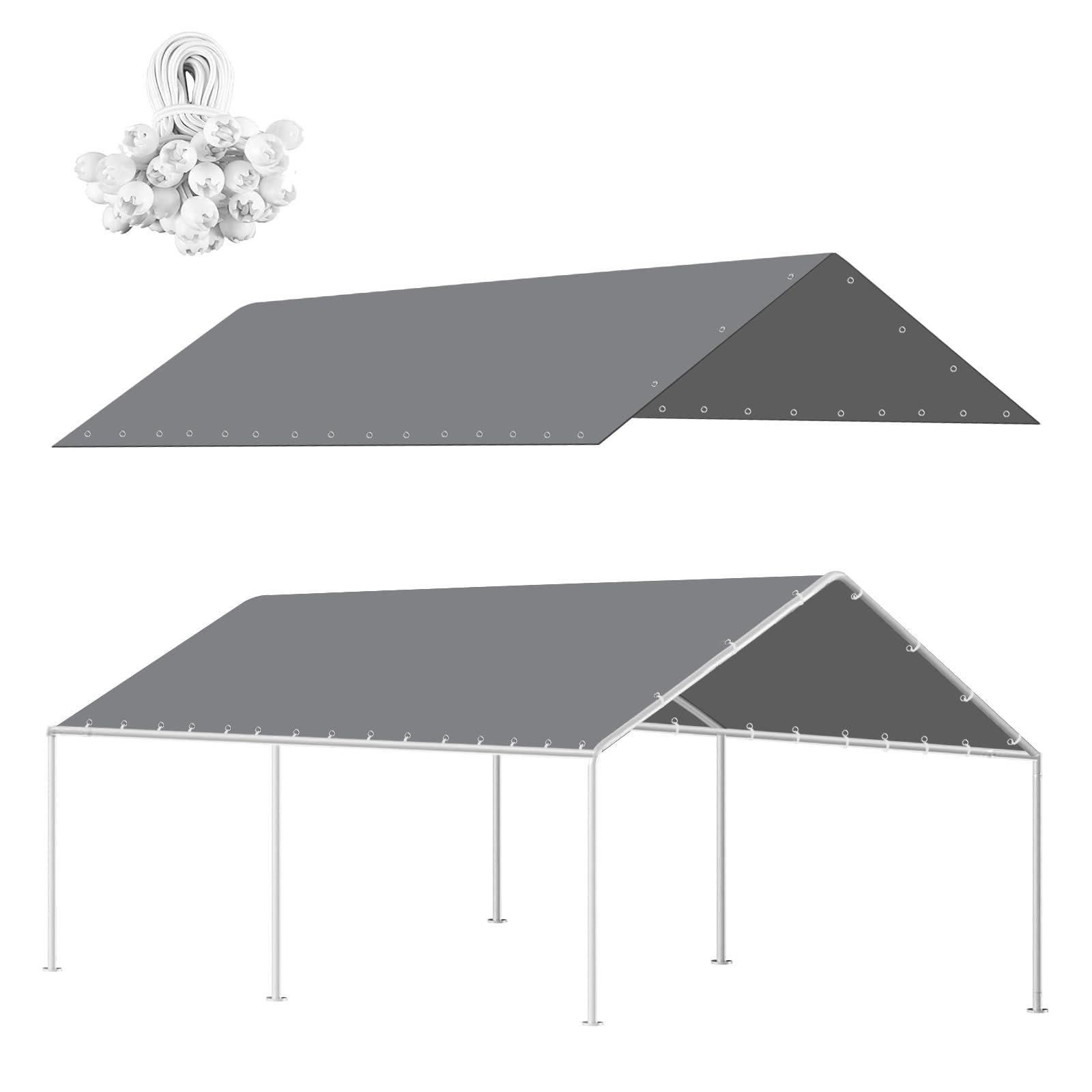 Photo 1 of 10x20Ft Carport Replacement Canopy Cover, Heavy Duty Waterproof Garage Top Shelter Cover Car Canopy with Ball Bungees (Gray, 10 * 20ft)