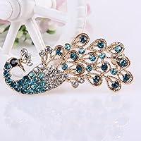 HUAhuako Brooch Pin, Fashion Shiny Full Rhinestone Hollow Peacock Wedding Jewelry for Women Peacock Blue