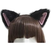 lasenersm Cat Fox Long Fur Ears Headband - Size: approx. 10x10cm, Color: Black fluff with Pink Inside, Material: Faux Fur, Co
