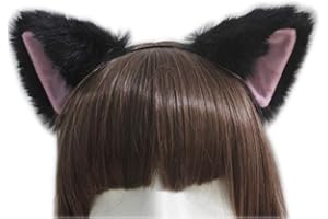 lasenersm Cat Fox Long Fur Ears Headband - Size: approx. 10x10cm, Color: Black fluff with Pink Inside, Material: Faux Fur, Costume Headband for Anime Cosplay Party Costume, Halloween, Carnival