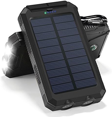 10000mAh Solar Panel Charger,Protable Power Bank Backup Battery Pack Phone charger Pack Dual USB with 2 LED Flashlight Outdoor Waterproof External Battery Compass for Cell Phone Tablet Camera(Black)
