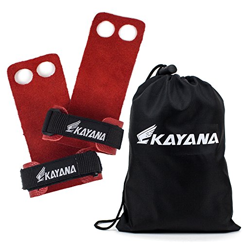 Leather Gymnastics Grips by KAYANA - Hand Grips, Palm Protection, and Wrist Support for Cross Training, Kettlebells, Pull ups, Weightlifting, Chin ups, Workout, & Exercise (Red, Large)