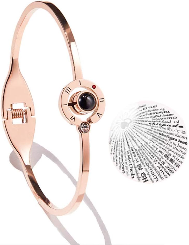 Jetloter I Love You Cuff Bracelet Bangle, 100 Languages Projection on Round Onyx Collarbone Bracelet Rose Gold (Rose Gold)