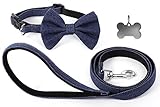 Funky Berries Denim Nylon Leash with Padded Handle and Matching Bow Tie Dog Collar Set Including Pet ID Tag Bone Shaped. Adjustable Collar for Medium Dog